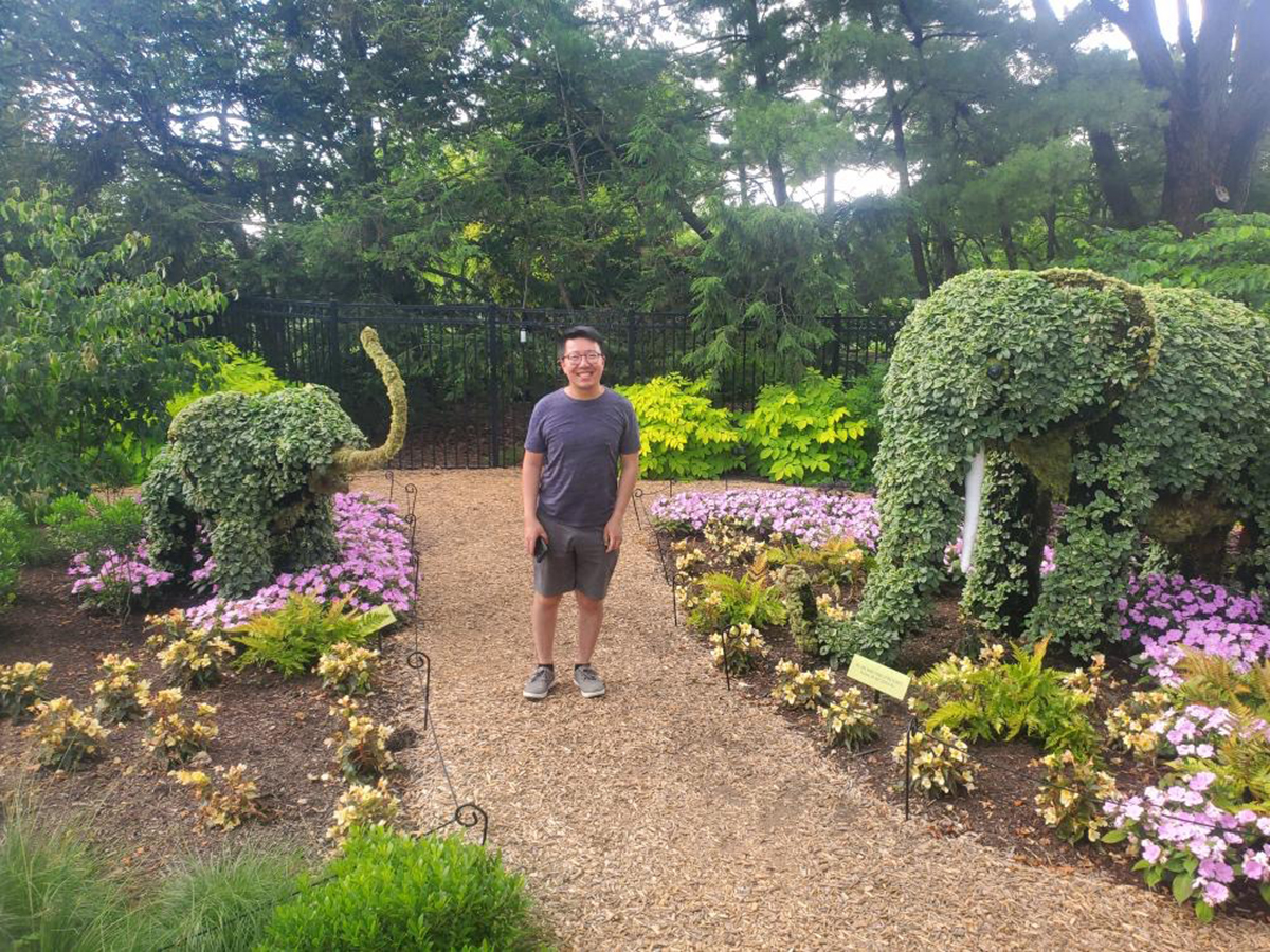 Dr. Aaron Chow poses with elephant topiaries at the Franklin Park Conservatory & Botanical Gardens