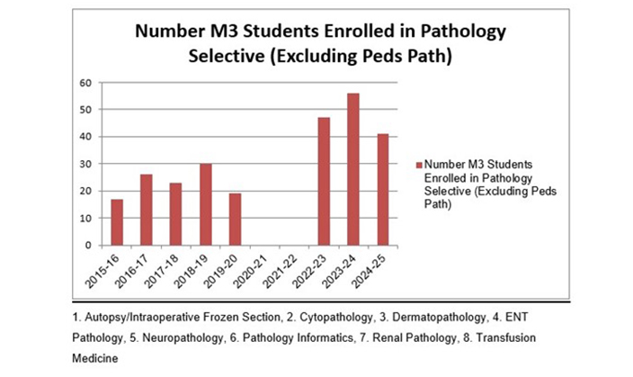 A graph showing the number of students who have participate in M3 Pathology Selectives each year from 2015 to 2025.