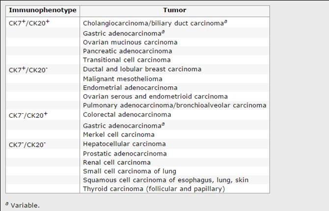 Table depicting various stain results